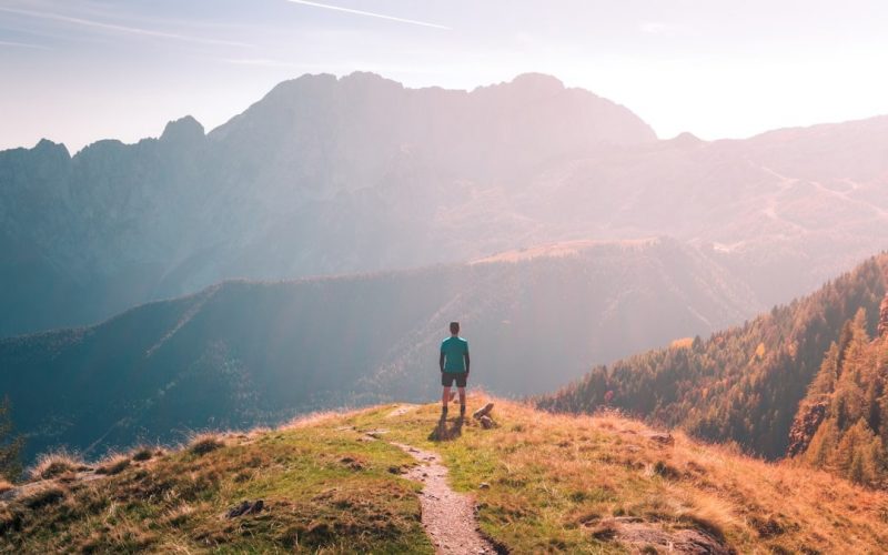 a man and a dog on a trail in a mountainous region